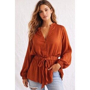 Calligraphie Rust Copper Button Front Peasant Blouse Size L Drawstring Waist